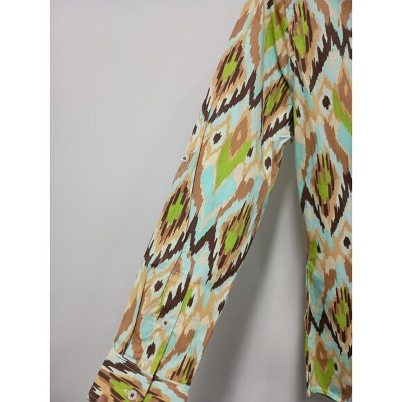 Tizzie Wearable Art Tunic Top Womens Medium Ikat Print Button Front Long Sleeve - Picture 13 of 14